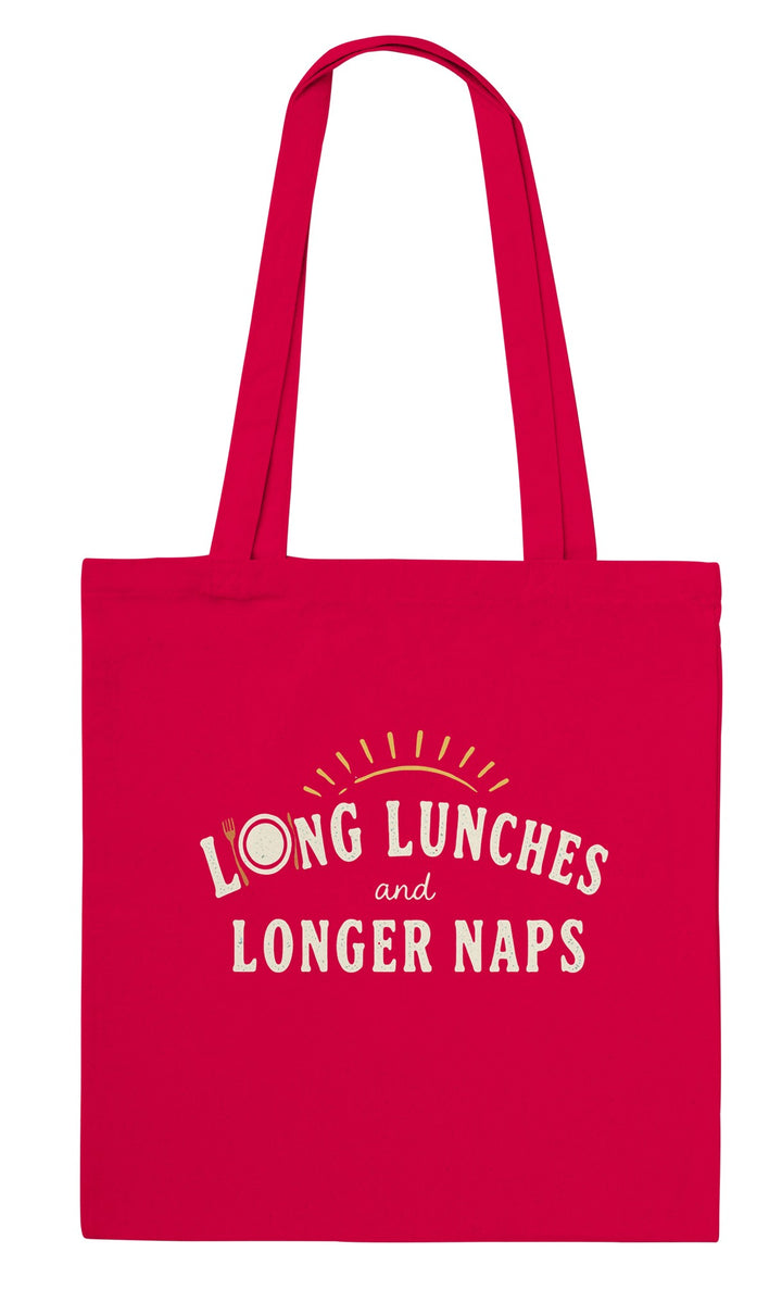 Long Lunches and Longer Naps feel-good tote bag in red: retro lettering for a slow Aussie afternoon, Zen Koala Australia