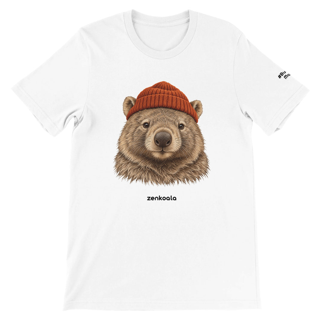 Wombat Beanie feel-good tee in white, Zen Koala Australia