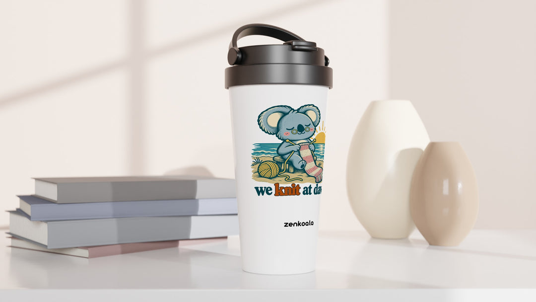 We Knit at Dawn travel mug beside books and vases, Zen Koala Australia