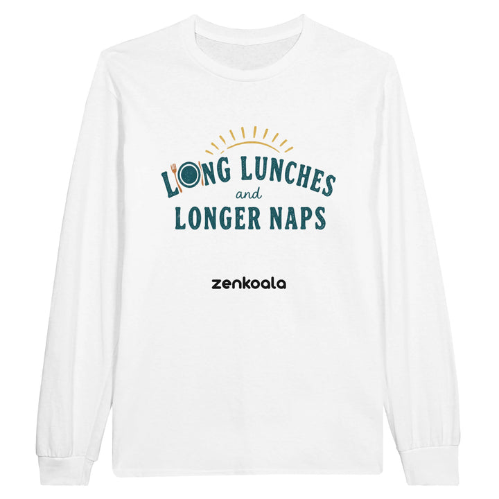 Long Lunches and Longer Naps long sleeve tee in white — Zen Koala Australia