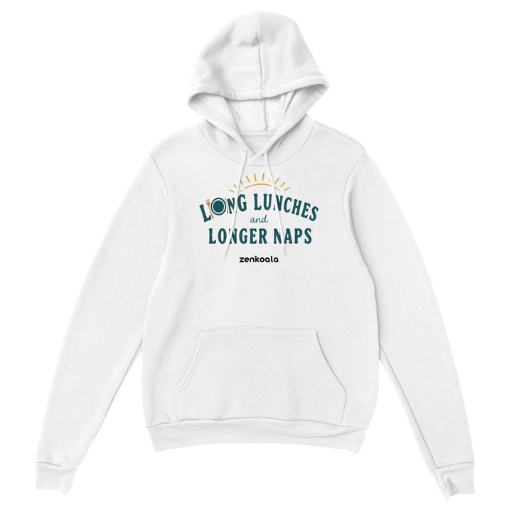 Long Lunches and Longer Naps feel-good hoodie in white, Zen Koala Australia