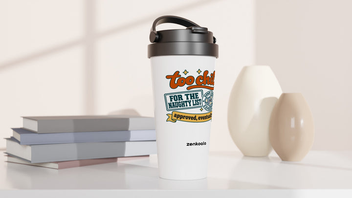 Too Chill for the Naughty List travel mug beside books and vases, Zen Koala Australia