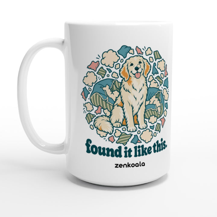 Found It Like This feel-good 15oz mug: an innocent dog in a cloud of cushion fluff, Zen Koala Australia