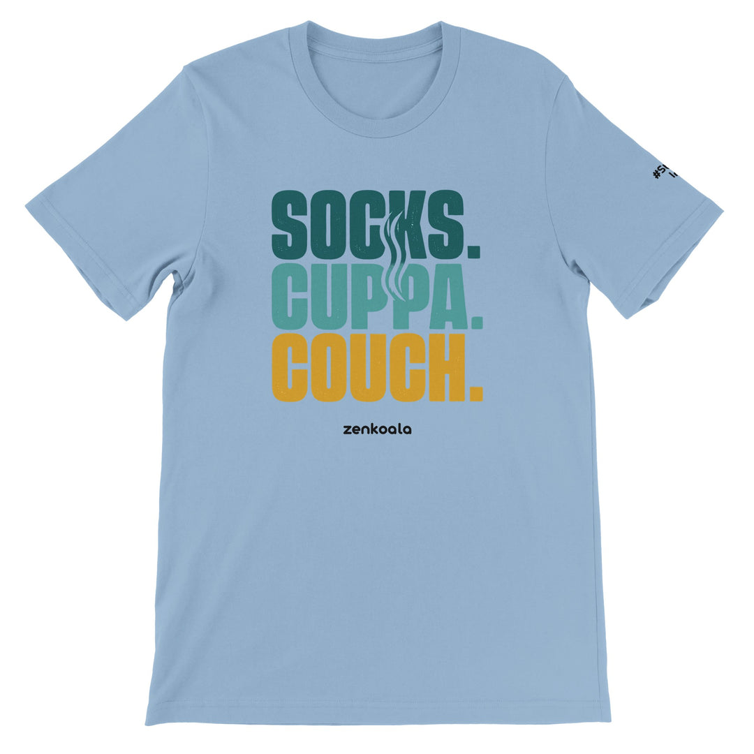 Socks Cuppa Couch feel-good tee in light blue, Zen Koala Australia