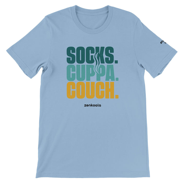 Socks Cuppa Couch feel-good tee in light blue, Zen Koala Australia