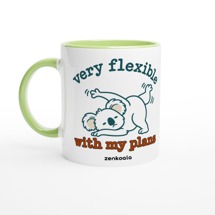 Very Flexible With My Plans mug in green: white with a green rim, inside and handle, Zen Koala Australia