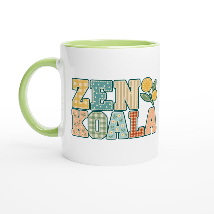 Zen Koala Faux Patchwork mug in green: white with a green rim, inside and handle, Zen Koala Australia