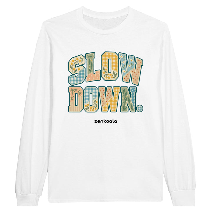 Slow Down Faux Patchwork feel-good long sleeve tee in white, Zen Koala Australia