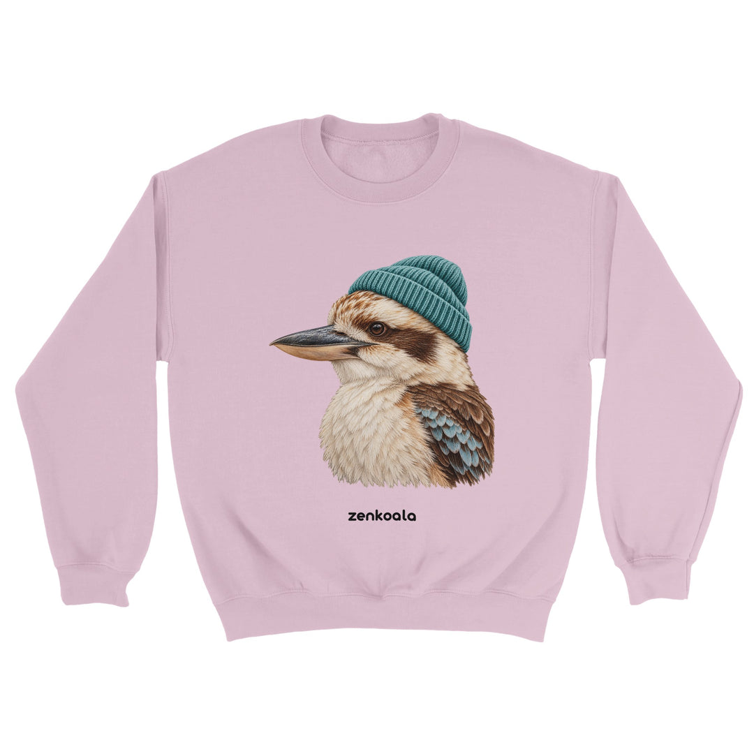 Kookaburra Beanie feel-good sweatshirt in light pink: a kookaburra in a beanie, Zen Koala Australia