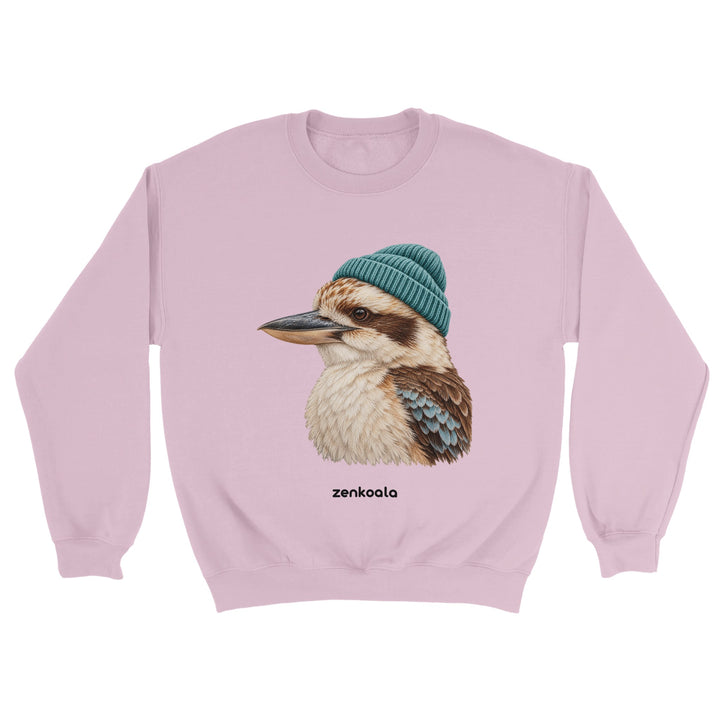 Kookaburra Beanie feel-good sweatshirt in light pink: a kookaburra in a beanie, Zen Koala Australia