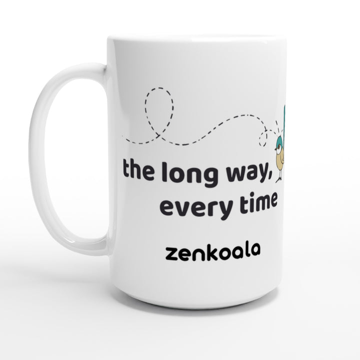 The Long Way Every Time feel-good 15oz mug: a fairy-wren on a looping flight path, Zen Koala Australia