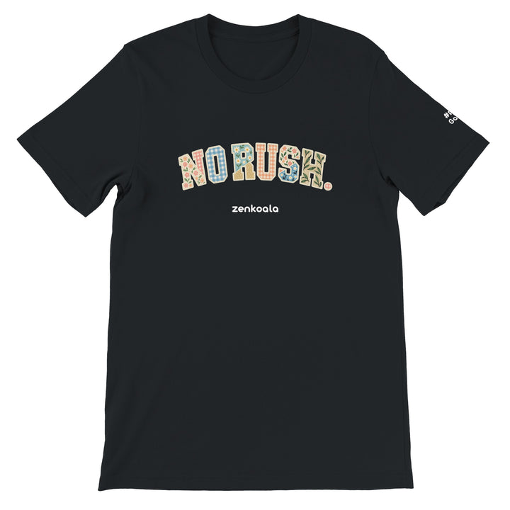 No Rush Faux Patchwork feel-good tee in black: soft faux patchwork letters with florals and gingham, Zen Koala Australia