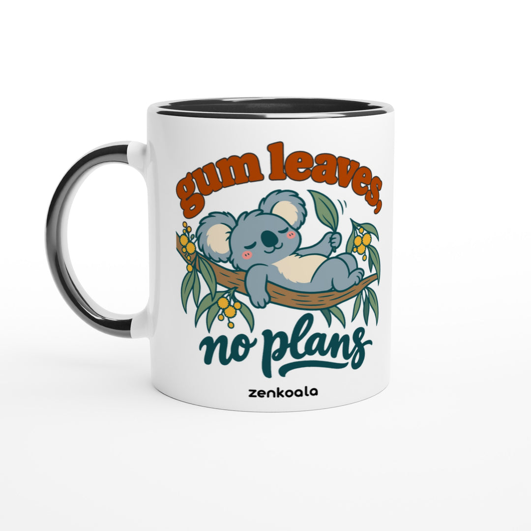 Gum Leaves No Plans mug in black: white with a black rim, inside and handle, Zen Koala Australia