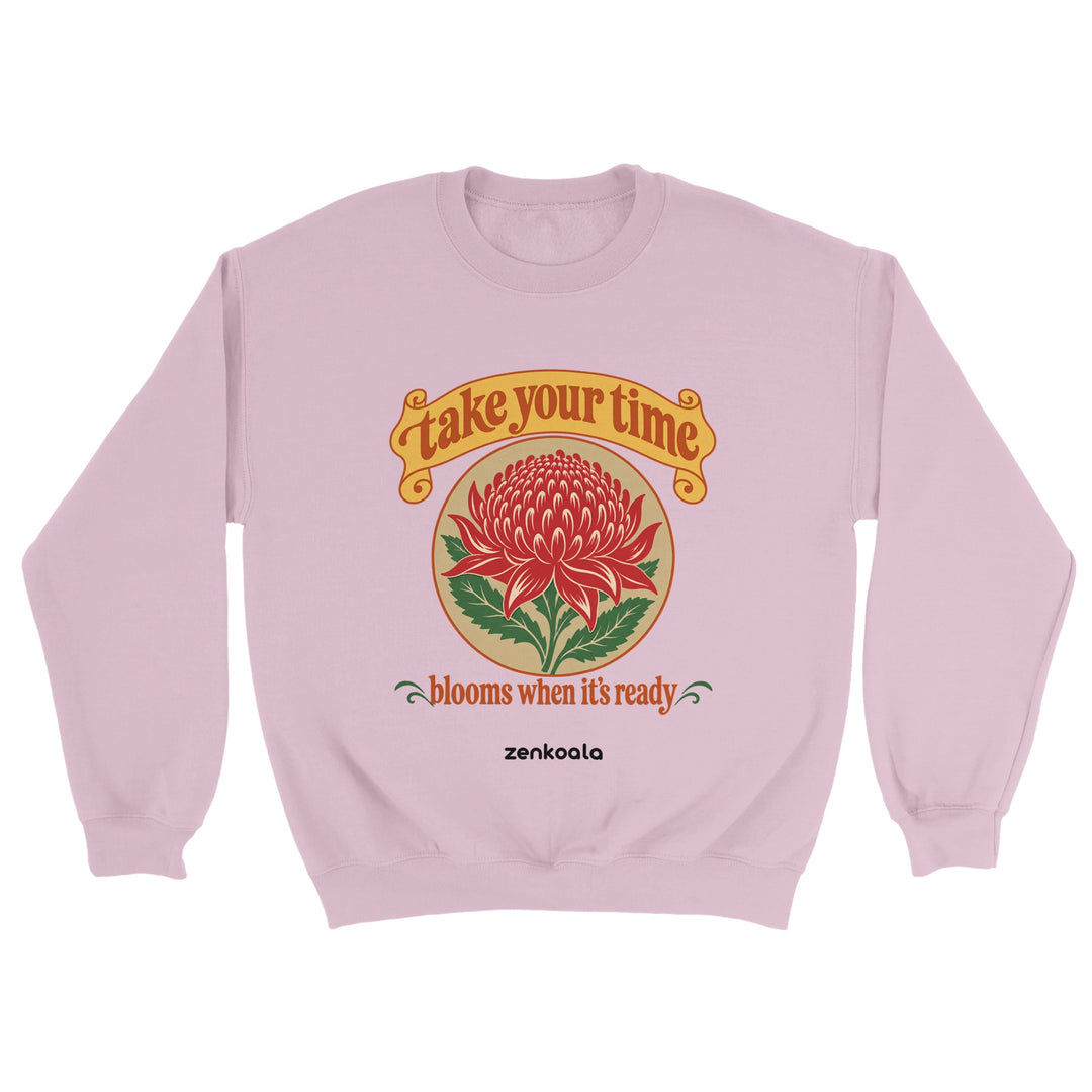 Take Your Time feel-good sweatshirt in light pink, Zen Koala Australia