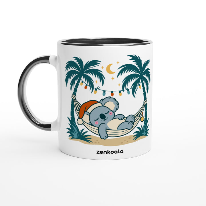 Koala Santa Hammock mug in black: white with a black rim, inside and handle, Zen Koala Australia
