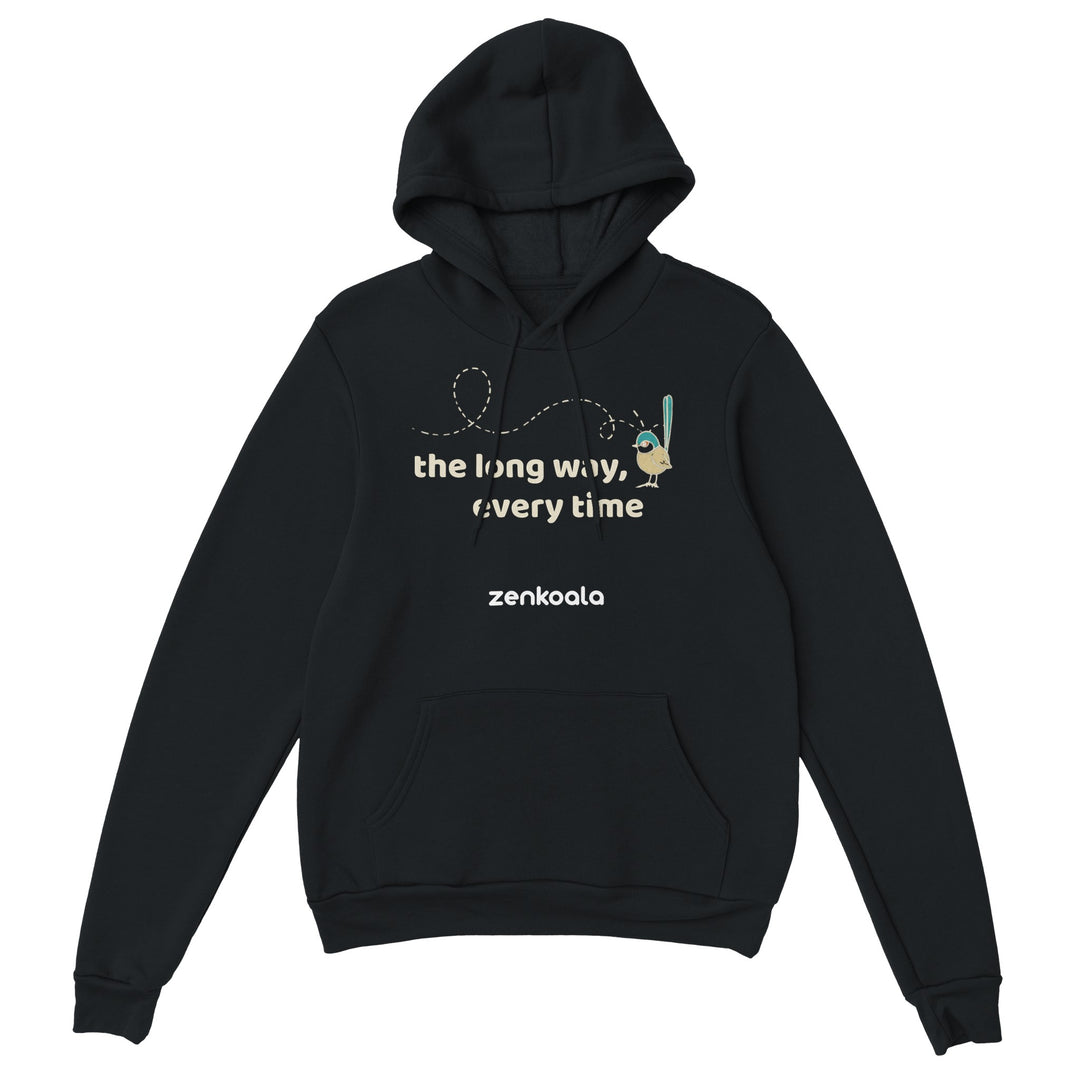 The Long Way Every Time feel-good hoodie in Black — a fairy-wren at the end of a looping flight path, Zen Koala Australia