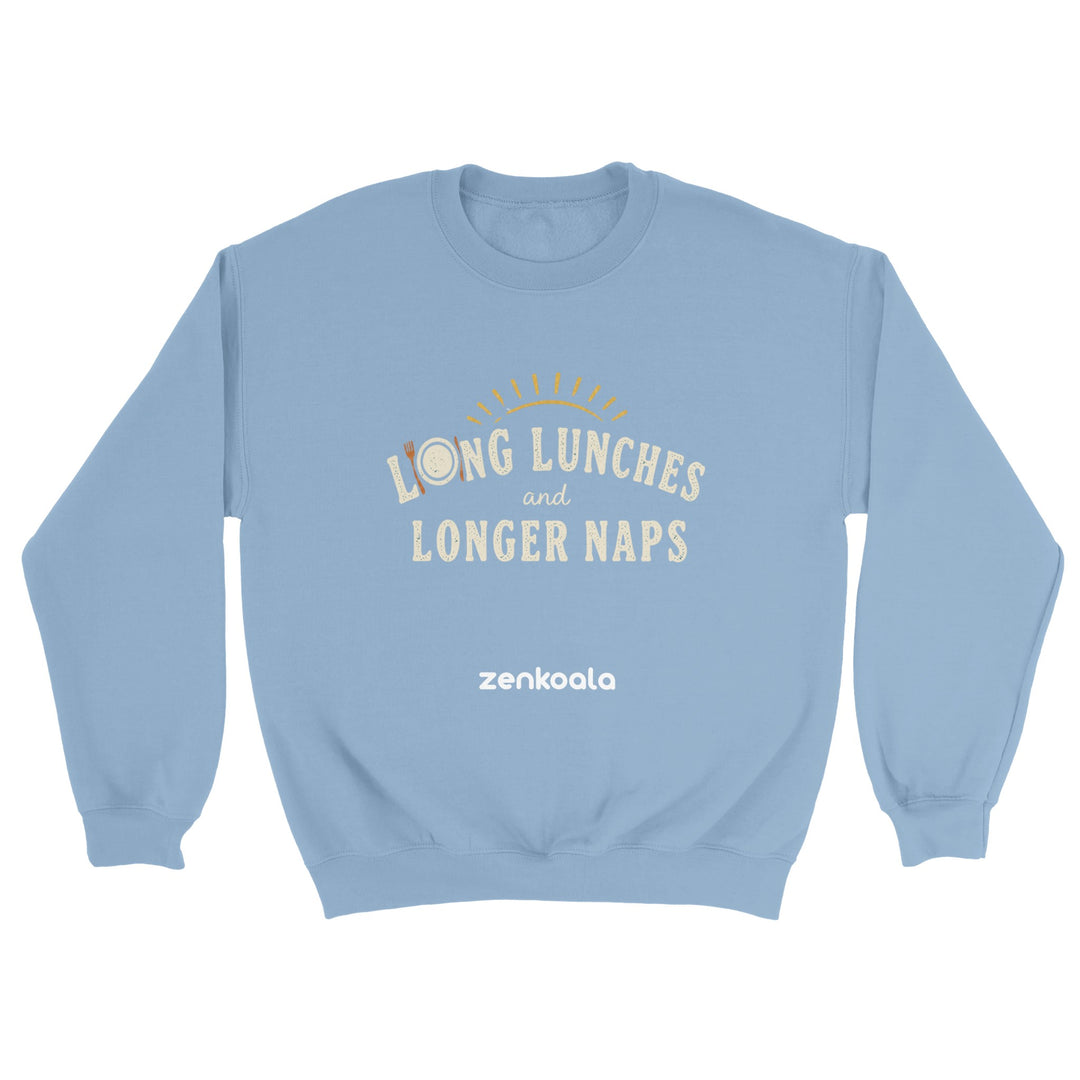 Long Lunches and Longer Naps feel-good sweatshirt in light blue — Zen Koala Australia