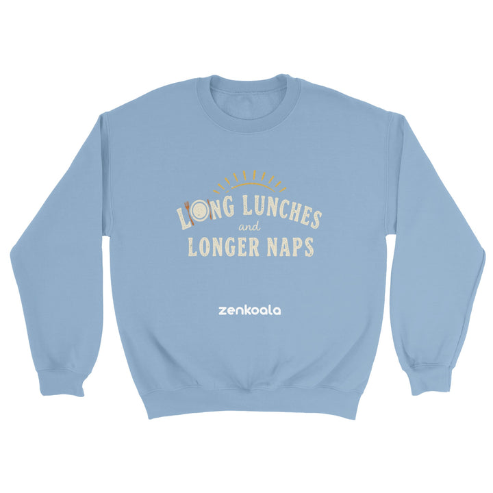 Long Lunches and Longer Naps feel-good sweatshirt in light blue — Zen Koala Australia