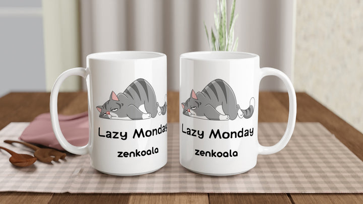 Two Lazy Monday 15oz mugs on a table, showing both sides of the design, Zen Koala Australia