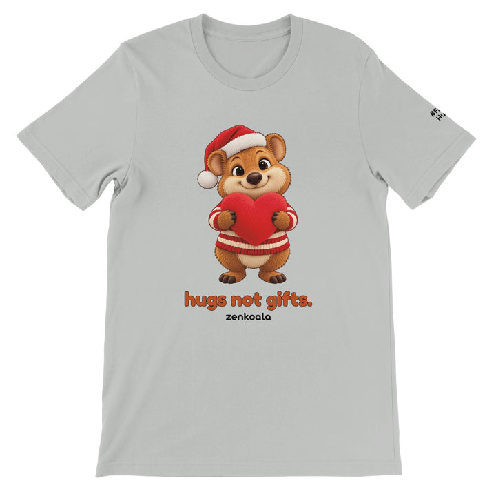 Hugs Not Gifts feel-good tee in silver, Zen Koala Australia