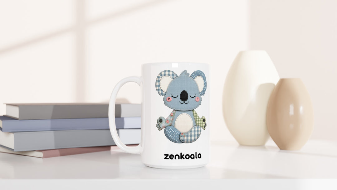 Faux Patchwork Meditating Koala 15oz mug beside books and vases, Zen Koala Australia