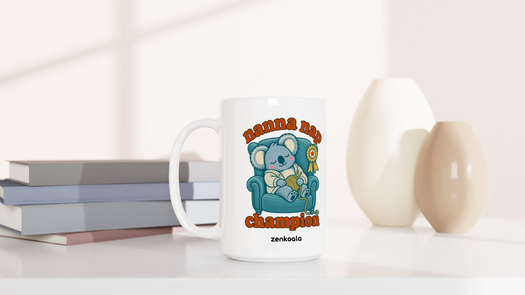 Nanna Nap Champion 15oz mug beside books and vases, Zen Koala Australia