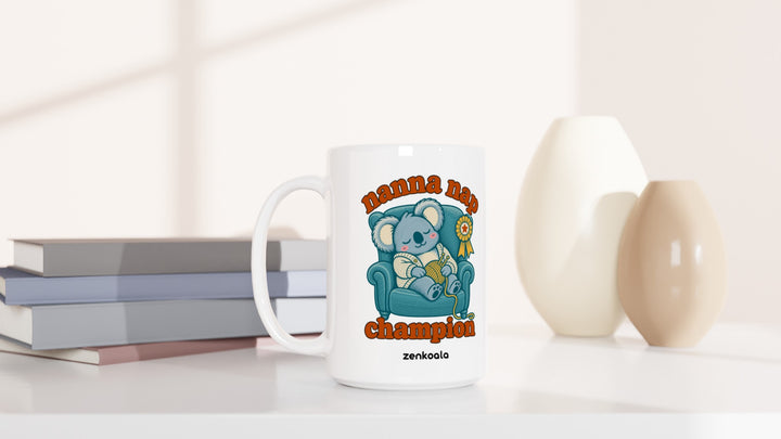 Nanna Nap Champion 15oz mug beside books and vases, Zen Koala Australia