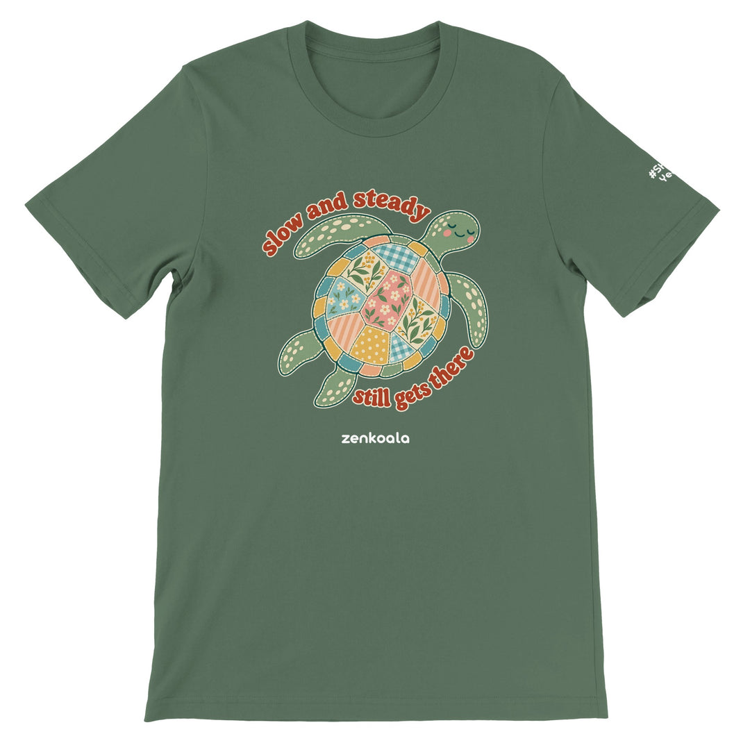 Slow and Steady Turtle feel-good tee in military green, Zen Koala Australia