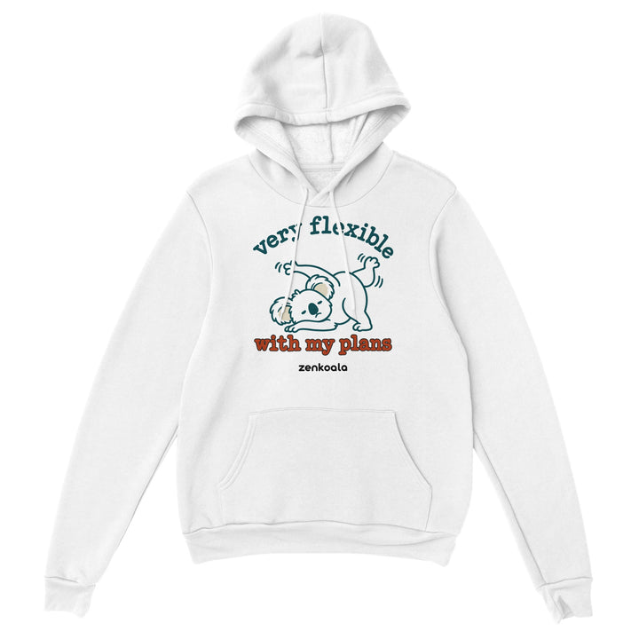 Very Flexible With My Plans feel-good hoodie in white, Zen Koala Australia