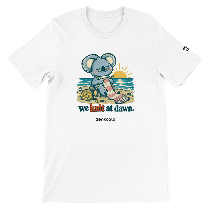 We Knit at Dawn feel-good tee in white, Zen Koala Australia