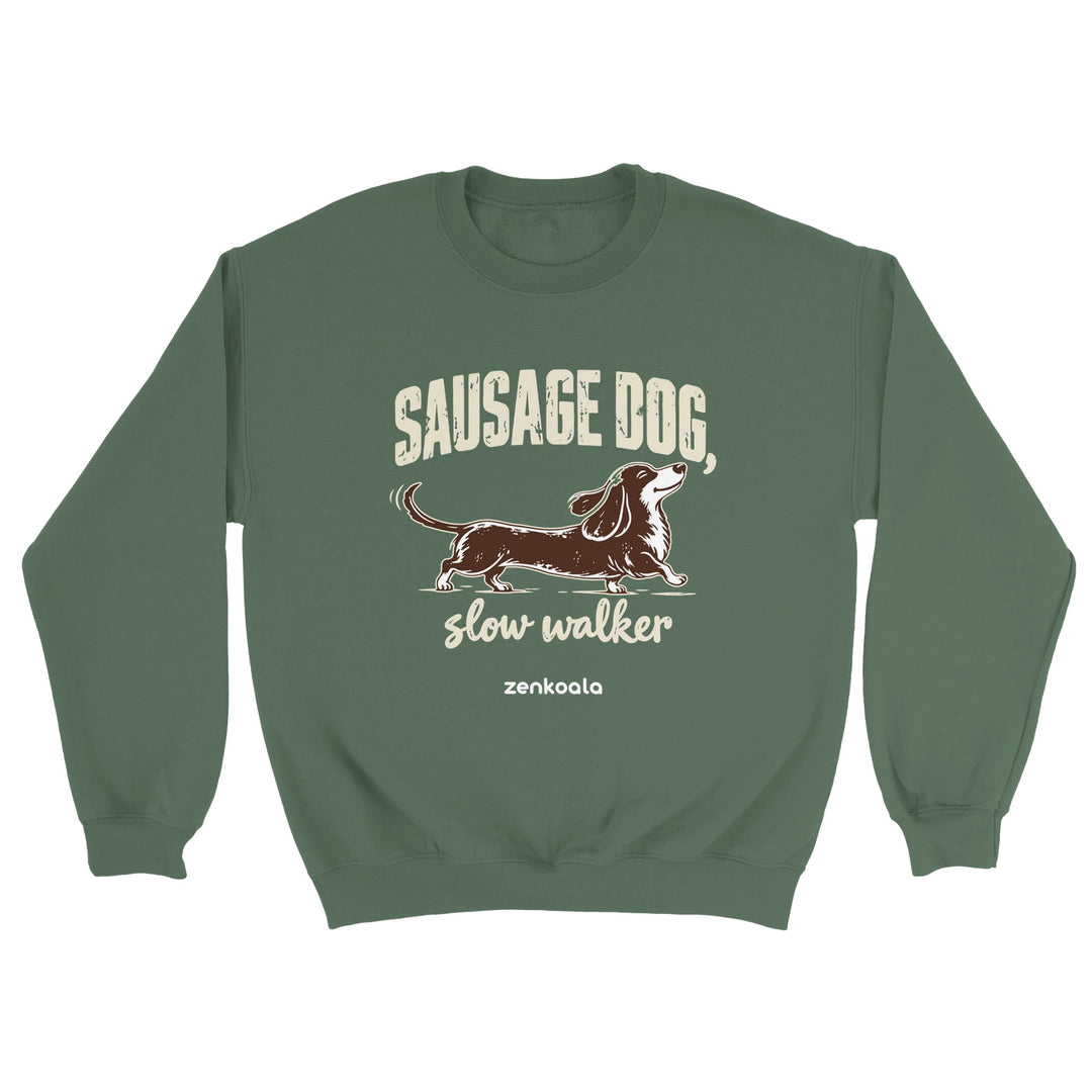 Sausage Dog Slow Walker feel-good sweatshirt in military green: a sausage dog taking its time, Zen Koala Australia