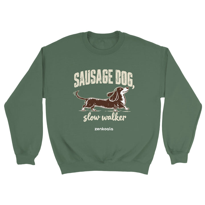 Sausage Dog Slow Walker feel-good sweatshirt in military green: a sausage dog taking its time, Zen Koala Australia