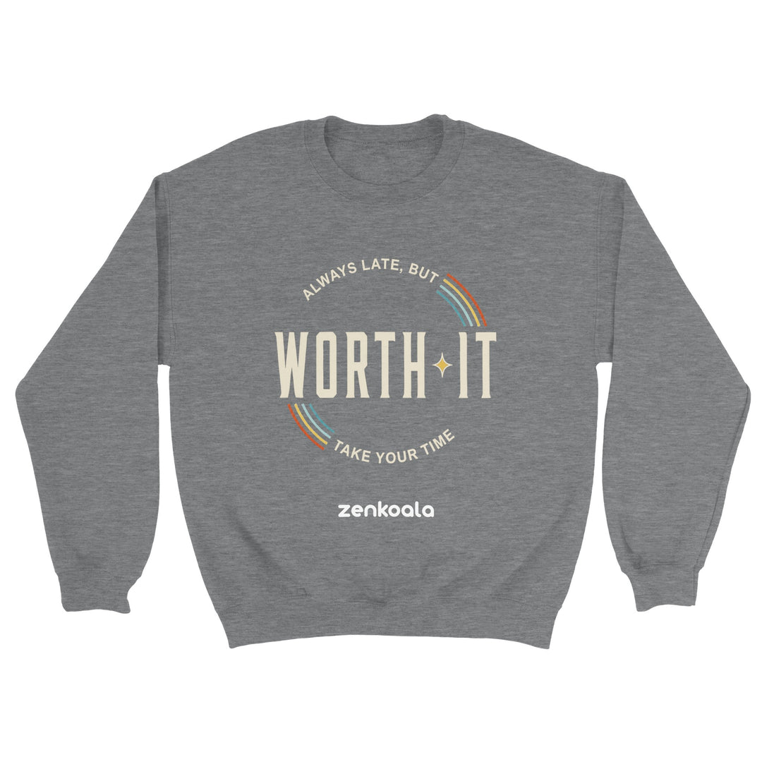 Always Late But Worth It feel-good sweatshirt in sport grey — a retro badge with rainbow stripes and a sparkle, Zen Koala Australia