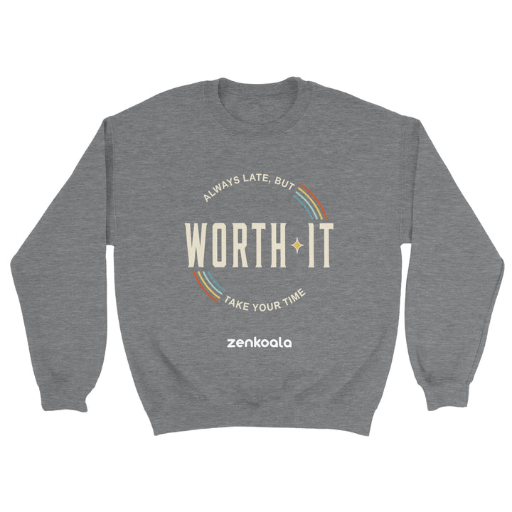 Always Late But Worth It feel-good sweatshirt in sport grey — a retro badge with rainbow stripes and a sparkle, Zen Koala Australia