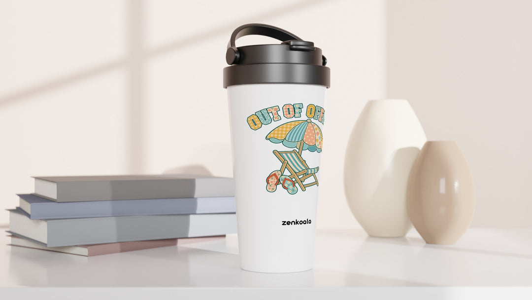 Out of Office Beach travel mug beside books and vases, Zen Koala Australia