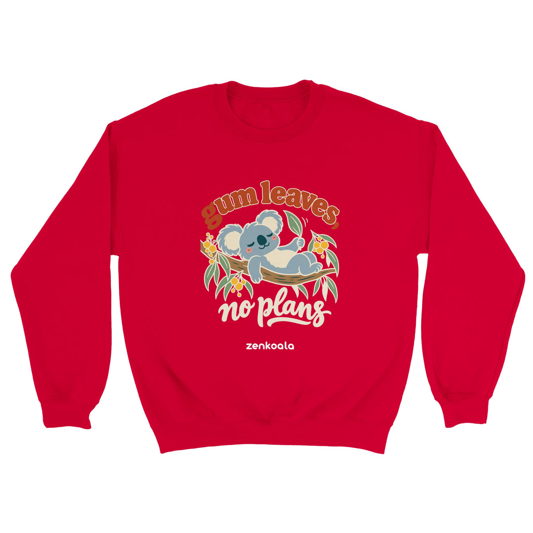 Gum Leaves No Plans feel-good sweatshirt in red, Zen Koala Australia