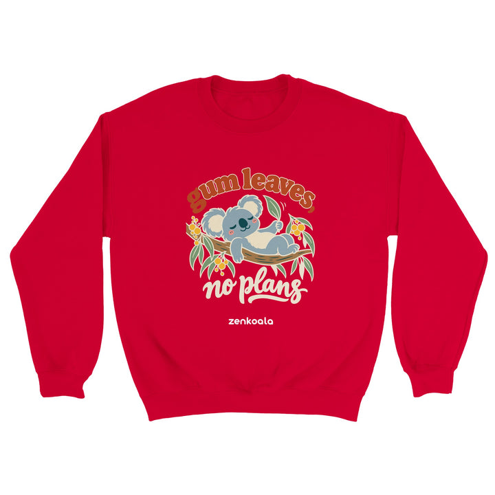 Gum Leaves No Plans feel-good sweatshirt in red, Zen Koala Australia
