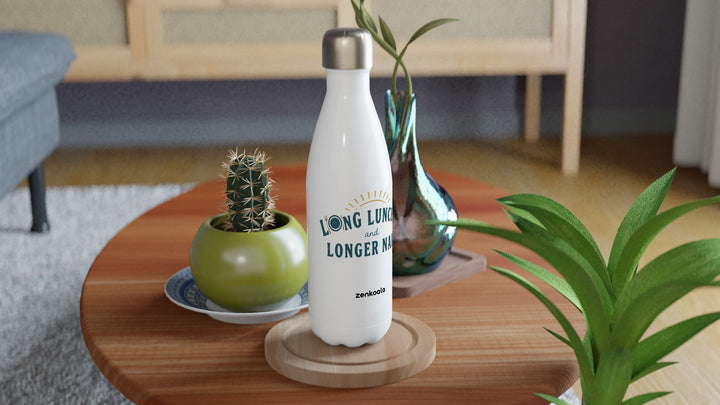 Long Lunches and Longer Naps water bottle on a wooden table with a cactus, Zen Koala Australia