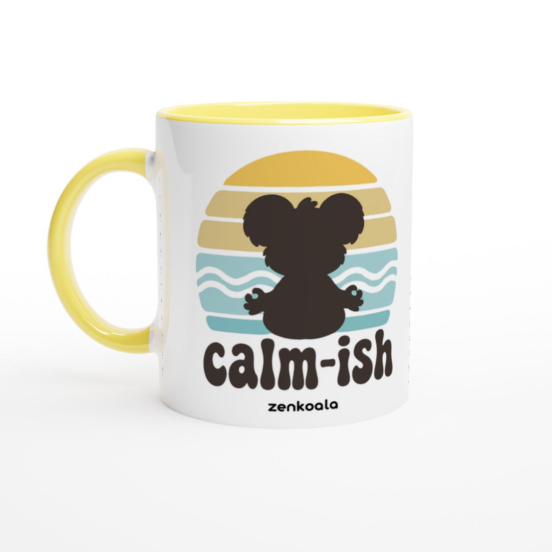 Calm-ish Retro Sunset Koala feel-good mug: a meditating koala silhouette and a retro sunset, Zen Koala Australia