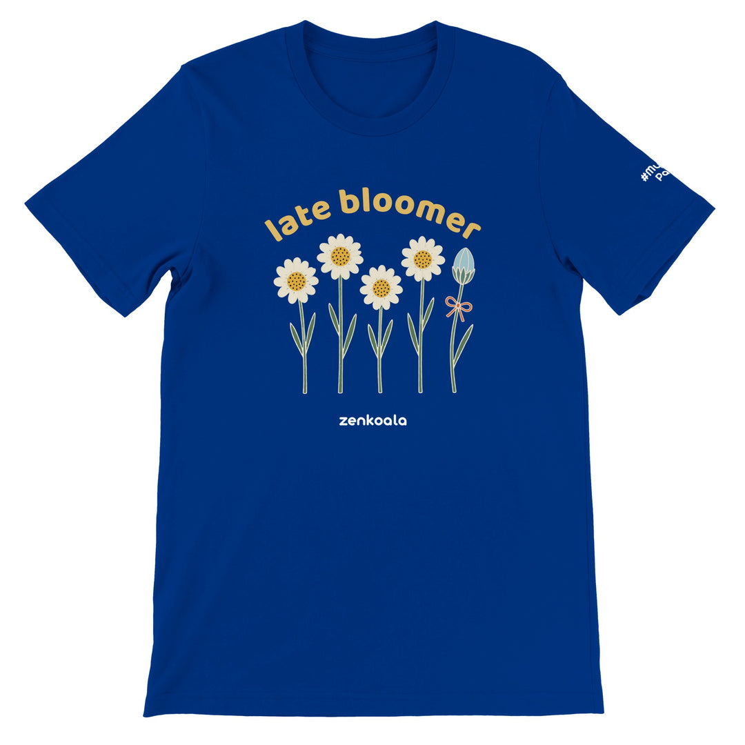 Late Bloomer feel-good tee in true royal, Zen Koala Australia