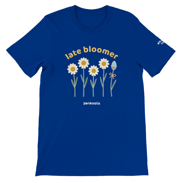 Late Bloomer feel-good tee in true royal, Zen Koala Australia