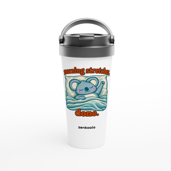 Morning Stretches Done feel-good travel mug: a koala in bed giving one big stretch, Zen Koala Australia