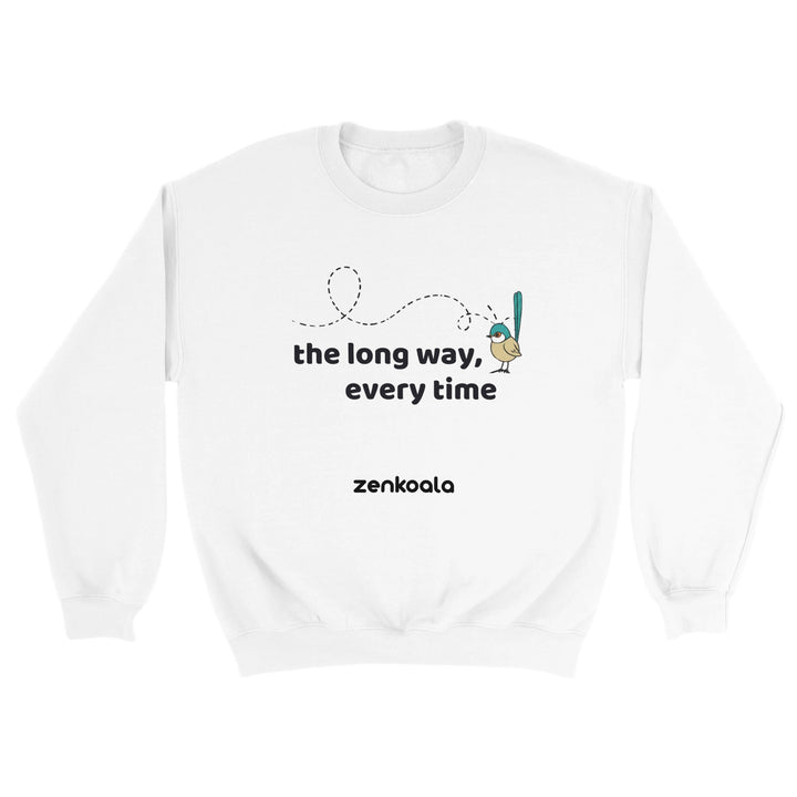 The Long Way Every Time feel-good sweatshirt in white — a fairy-wren at the end of a looping flight path, Zen Koala Australia