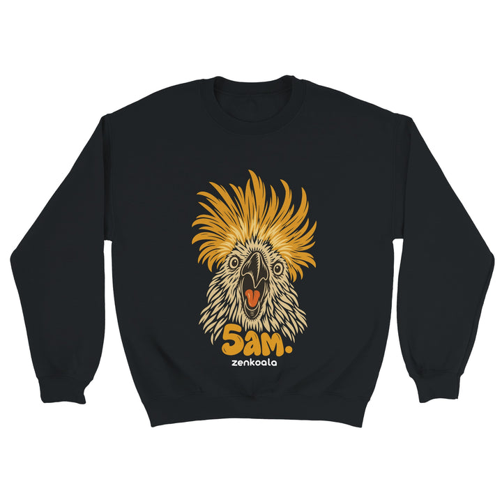 5am feel-good sweatshirt in black: a cockatoo screaming at dawn, Zen Koala Australia