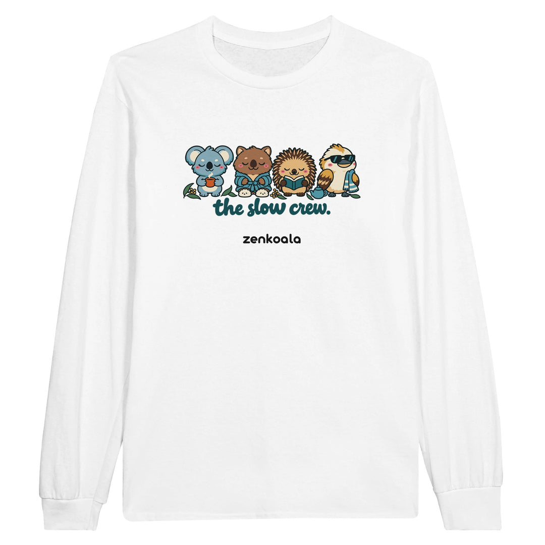 The Slow Crew feel-good long sleeve tee in white, Zen Koala Australia