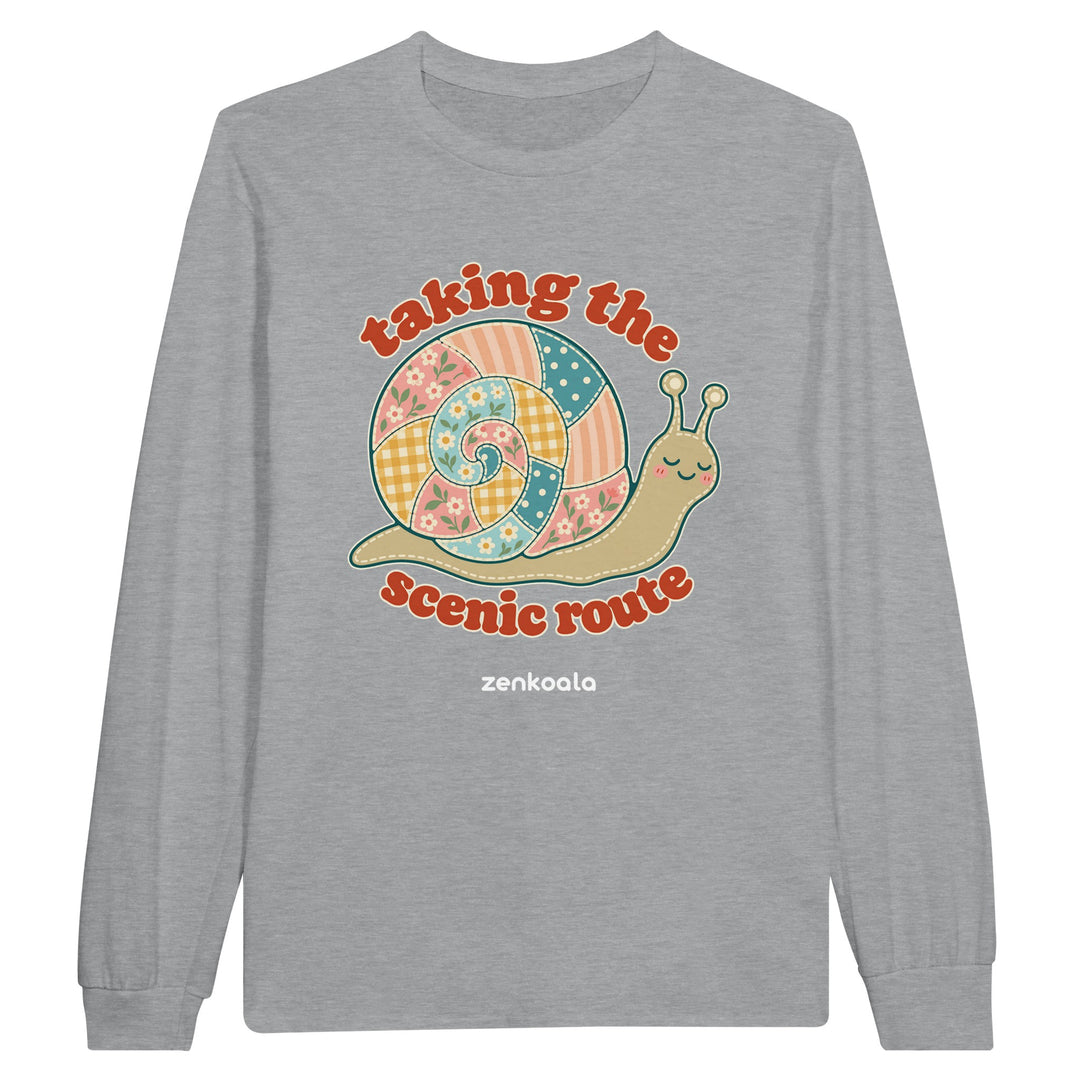 Taking the Scenic Route Snail feel-good long sleeve tee in sports grey, Zen Koala Australia