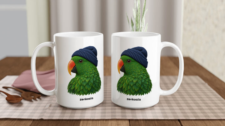 Two Parrot Beanie 15oz mugs on a table, showing both sides of the design, Zen Koala Australia