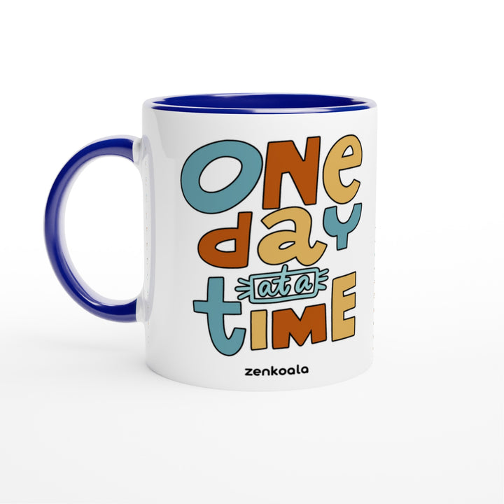One Day at a Time mug in blue: white with a blue rim, inside and handle, Zen Koala Australia