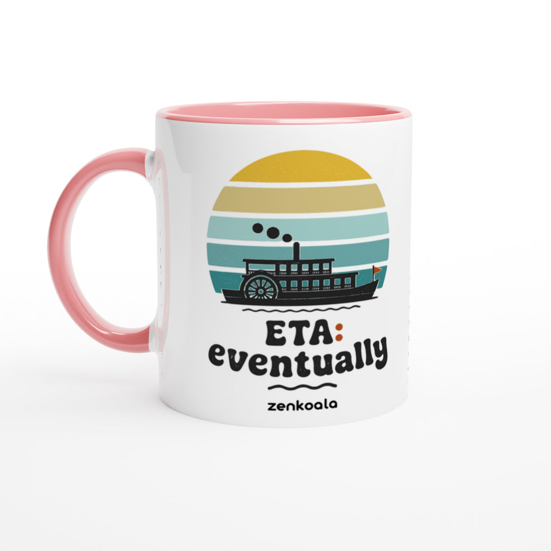 ETA Eventually mug in pink: white with a pink rim, inside and handle, Zen Koala Australia