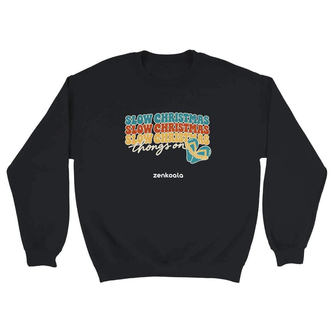 Slow Christmas Thongs On feel-good sweatshirt in black, Zen Koala Australia